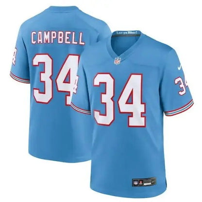 Light blue Earl Campbell Tennessee Titans Nike Oilers throwback jersey with white and red 34 number