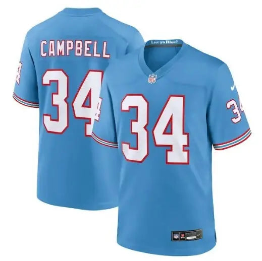 Light blue Earl Campbell Tennessee Titans Nike Oilers throwback jersey with white and red 34 number