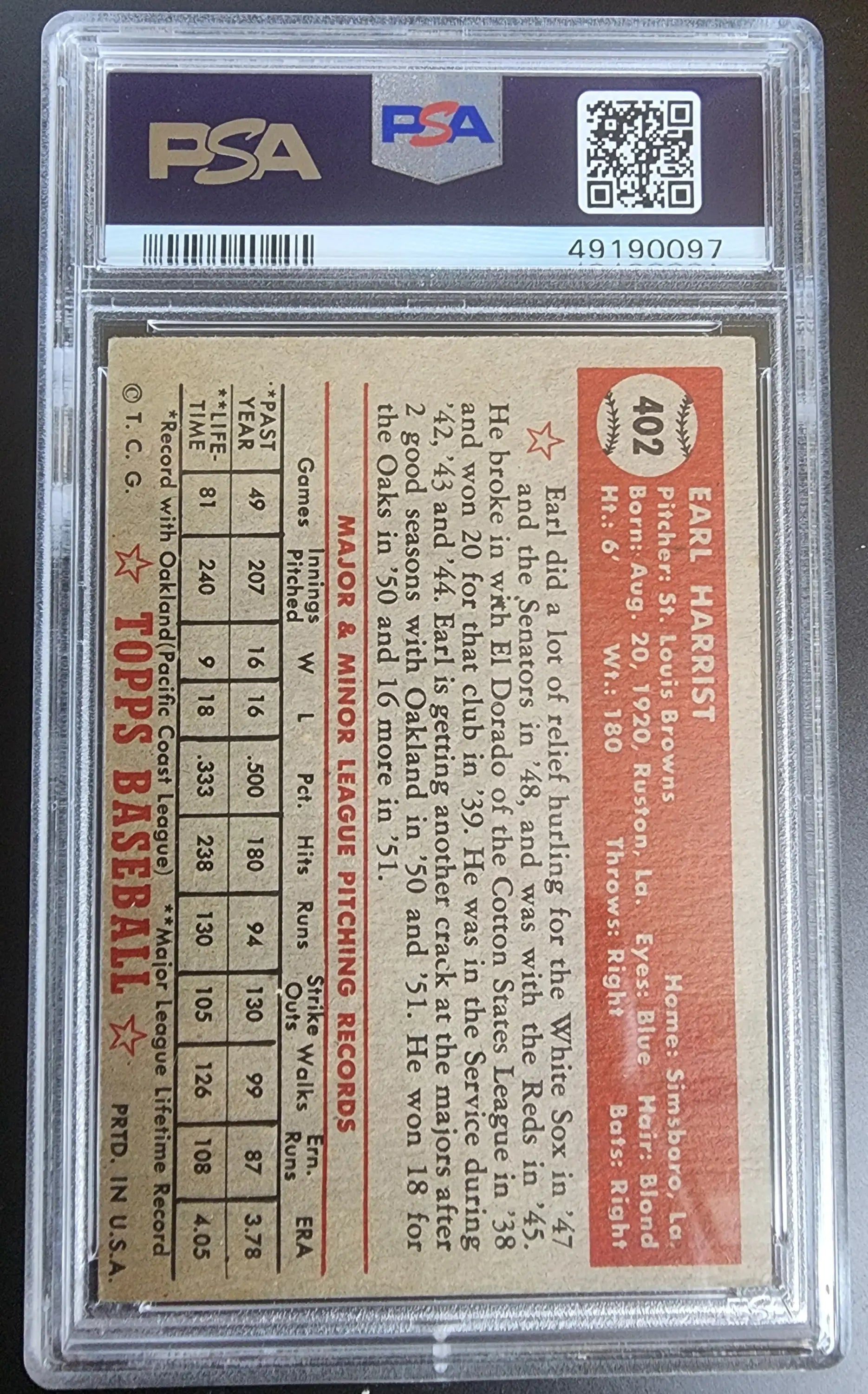 PSA-graded vintage baseball card reverse side of Earl Harrist 1952 Topps #402