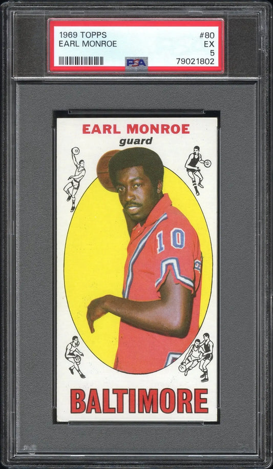 PSA-graded Earl Monroe 1969 Topps #80 vintage basketball card in red uniform
