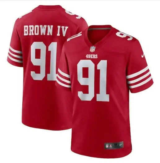 Red NFL football jersey with white numbers and stripes for Earnest Brown IV San Francisco 49ers