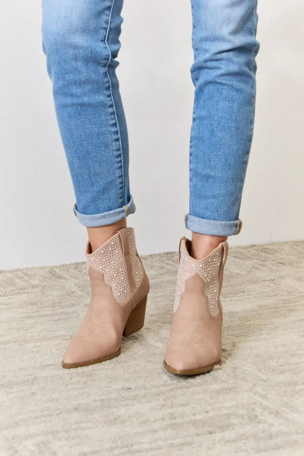 East Lion Corp Rhinestone Ankle Cowgirl Booties - Blush / 6