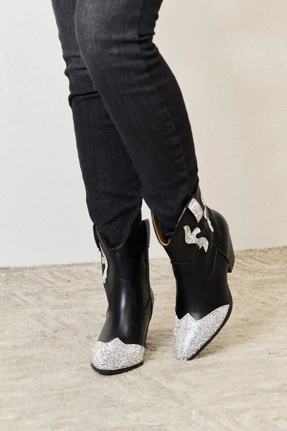 East Lion Corp rhinestone pointed cowboy boots with lace-up details in black and white