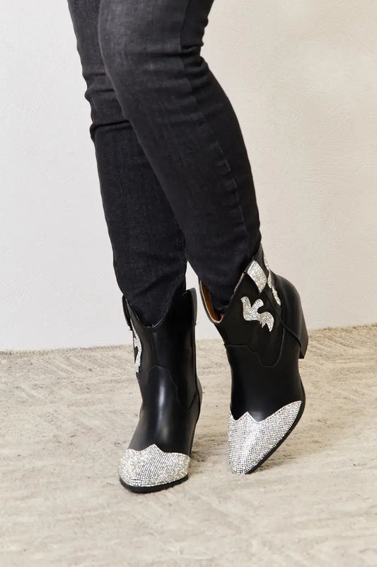 East Lion Corp rhinestone pointed cowboy boots with lace-up details in black and white