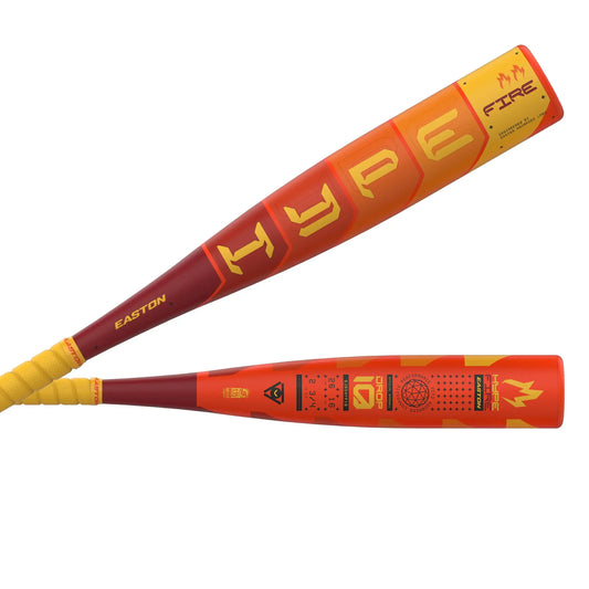 Orange and red Easton Hype Fire USSSA baseball bat with 2 3/4’’ barrel and -10 drop