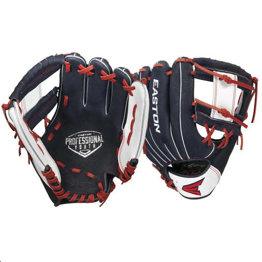 Easton Professional Youth baseball glove with red laces and navy white design