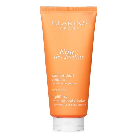 Orange tube of Clarins Eau Des Jardins Uplifting Melting Body Lotion 200ml
