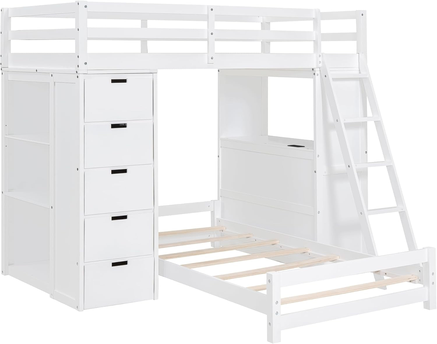 Modern Twin Wood Bunk Bed with LED Light and USB Ports, Storage Bunk Bed with Desk, Ladder for Bedroom, Dorm,Appartment Space-Saving White-4