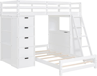 Modern Twin Wood Bunk Bed with LED Light and USB Ports, Storage Bunk Bed with Desk, Ladder for Bedroom, Dorm,Appartment Space-Saving White-4