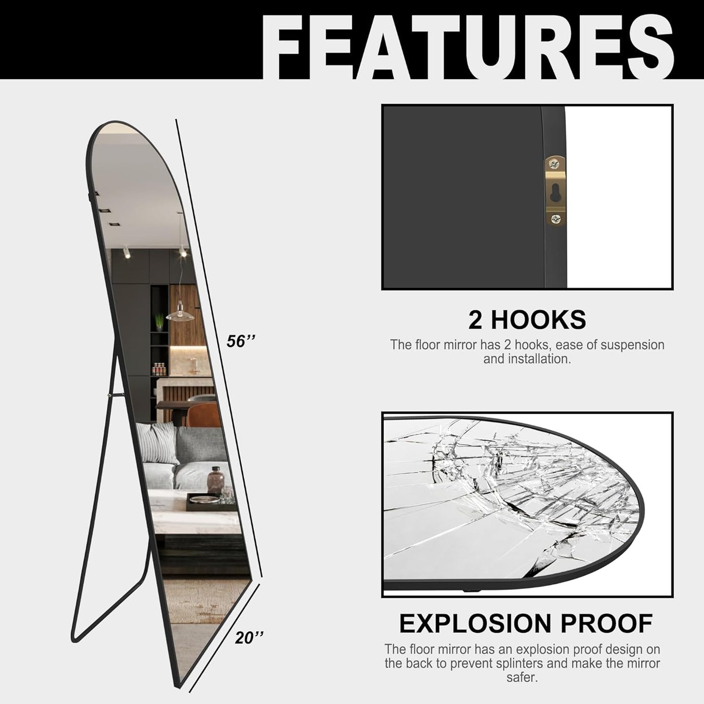 Arched Mirror Full Length,Standing Mirror,Large Floor Mirror with Stand for Wall Entryway Door Bedroom Bathroom Living Room-3