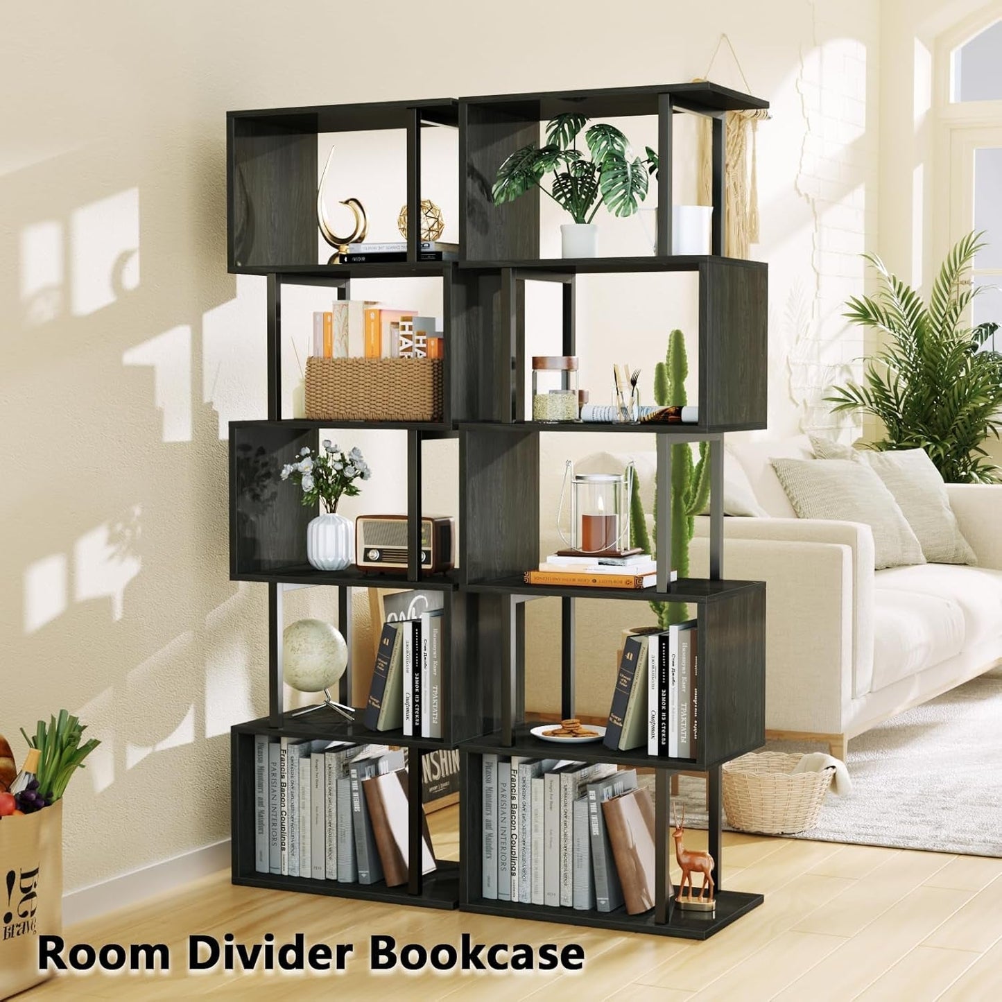 6 Tier Bookshelf Tall Geometric Bookcase, S-Shaped Industrial Display Standing Shelf, Metal and Wood Decorative Storage Room Divider Shelves for Bedroom, Living Room, Office, Light Black Oak-3