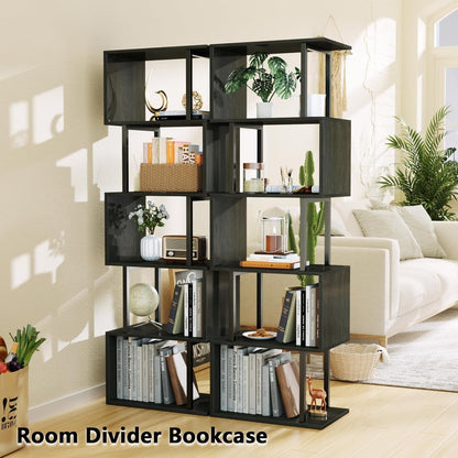 6 Tier Bookshelf Tall Geometric Bookcase, S-Shaped Industrial Display Standing Shelf, Metal and Wood Decorative Storage Room Divider Shelves for Bedroom, Living Room, Office, Light Black Oak-3