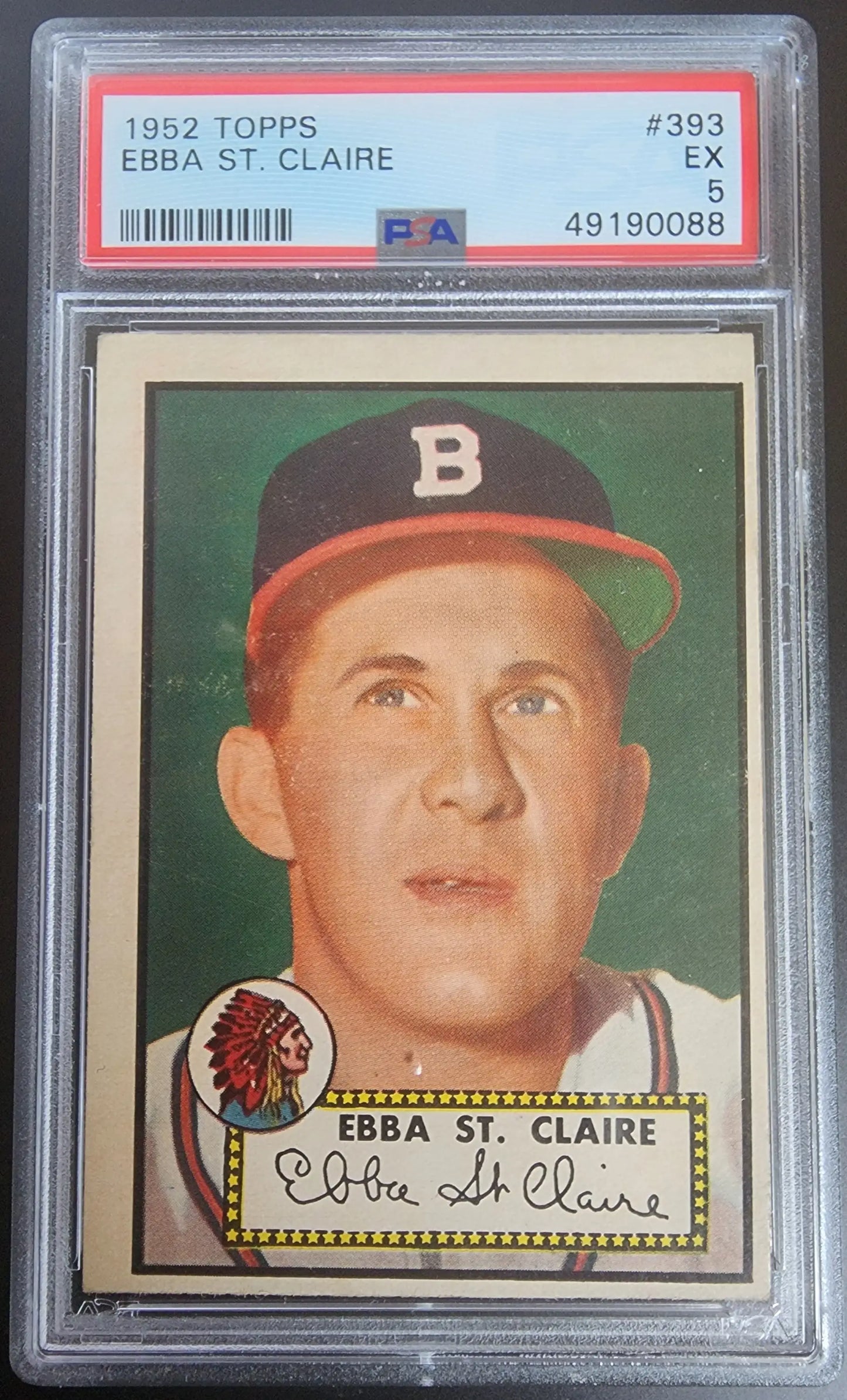 PSA-graded 1952 Topps baseball card #393 Ebba St. Claire Boston Braves player cap B logo