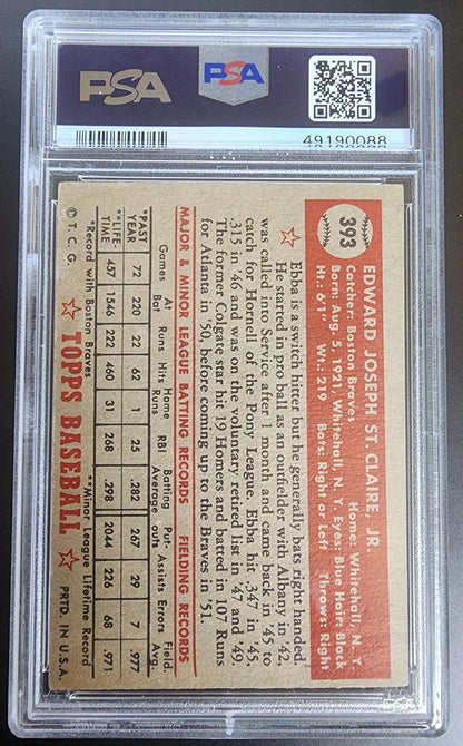 PSA-graded vintage baseball card reverse side featuring statistics for Ebba St. Claire 1952 Topps #393