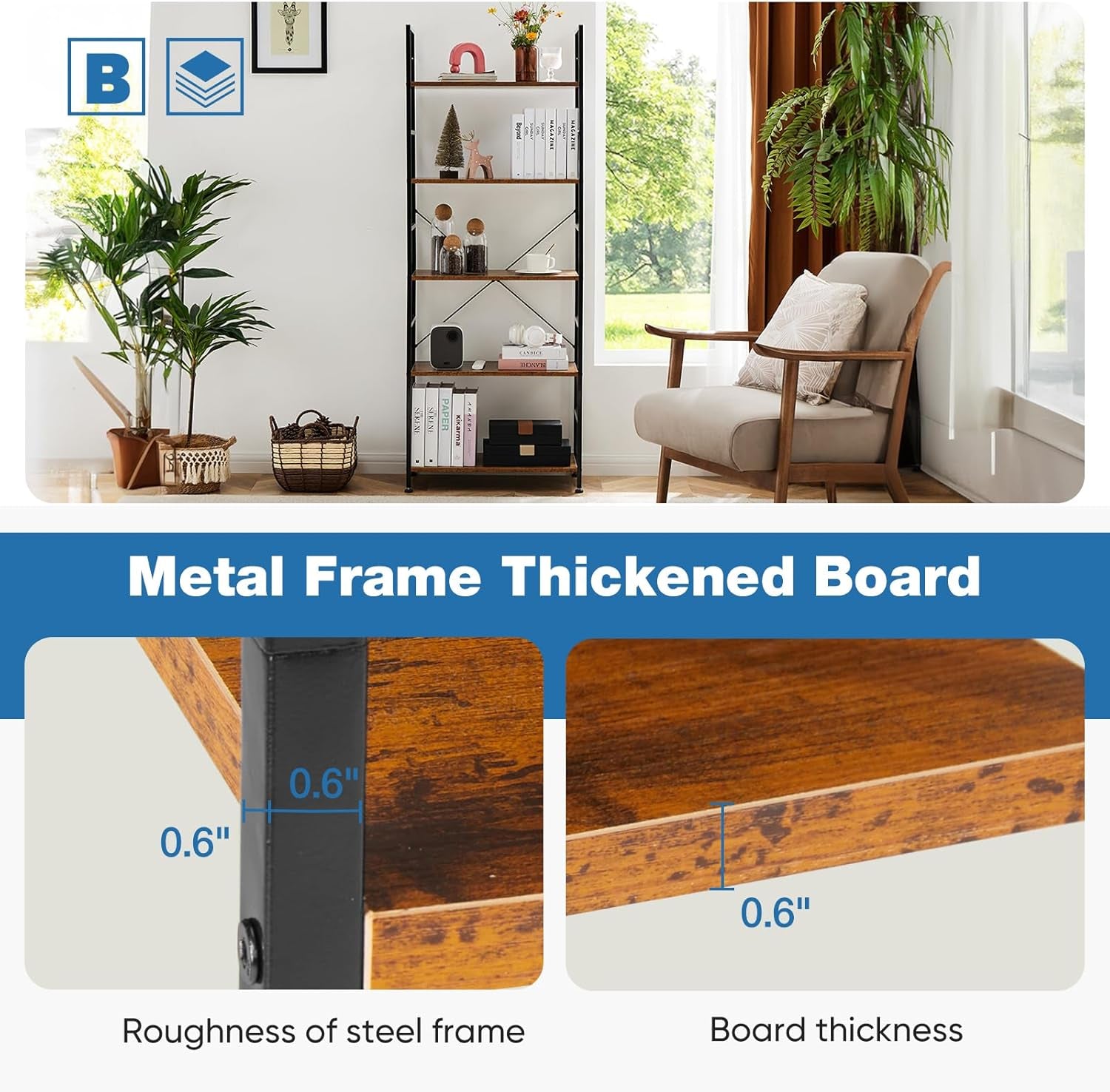 Rustic Brown Five Tier Bookshelf Narrow Space Saver-3