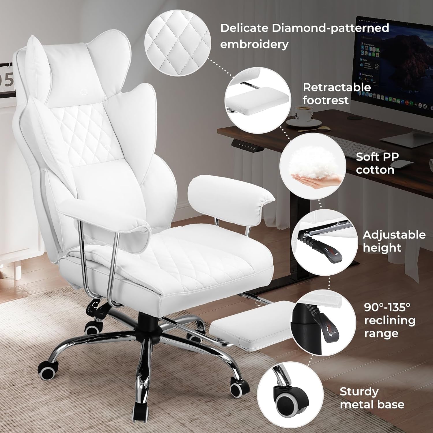 Big and Tall Gaming Chair with Pocket Spring Lumbar Support, Ergonomic Office Chair with Footrest, Executive Desk Chair with Outward Fixed Soft Armrests, Computer Chair with High Back, White-4