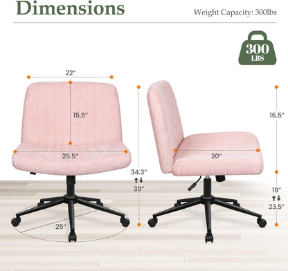 Criss Cross Chair with Wheels, Armless Cross Legged Office Desk Chair, Wide Comfy Vanity Rolling Swivel Modern Comfortable Fabric Computer Task Chairs for Home Office (Pink)-1
