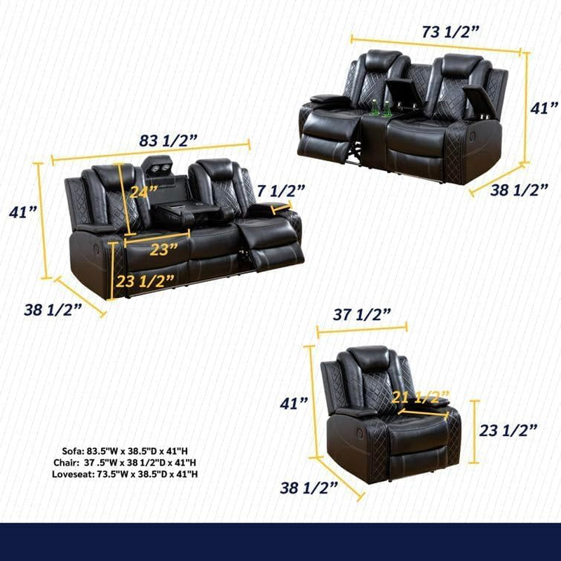Power Recliner Sofa Set with LED, Leather Reclining Sofa Set, Living Room Furniture Set with USB Charging (Black)-1