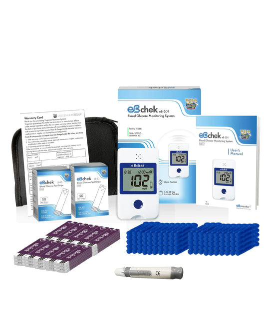 EBmonitor eBchek blood glucose meter system with voice feature and test strips
