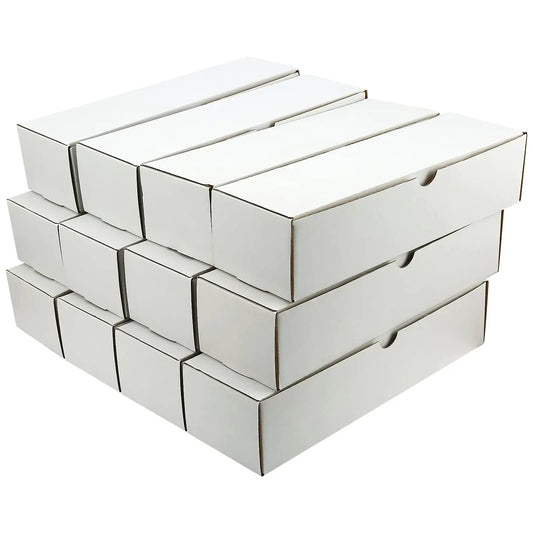 Stack of white cardboard boxes for trading card storage and trading card organization