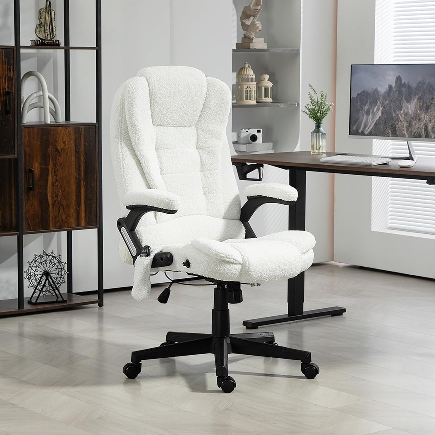 6 Point Vibrating Massage Office Chair with Heat, Velvet High Back Executive Office Chair with Reclining Backrest, Padded Armrests and Remote, White-1