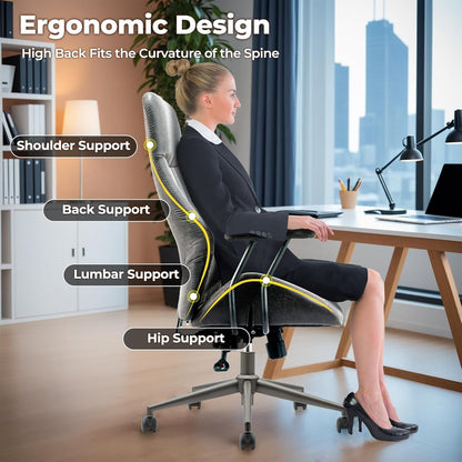 Ergonomic Home Office Chair, Mid-Century Modern Leather Chair with Lumbar Support, High Back Swivel Rolling Executive Chair, Comfy Task Computer Desk Chair (Dark Grey, Suede Leather)-2