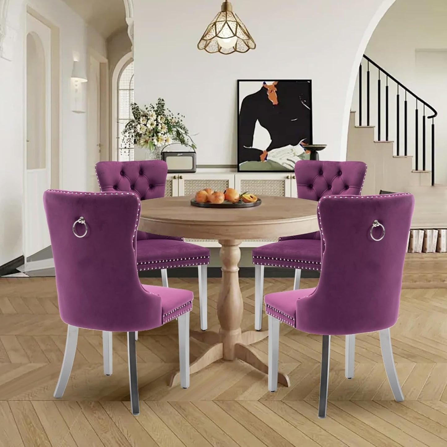 Velvet Upholstered Dining Chairs Set of 4, Modern Kitchen Side Chairs with Nailhead Trim and Silver Plated Leg, Metal Pulling Ring for Dining Room Living Room(Purple-Silver Plated Leg)-1