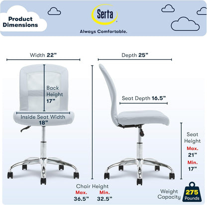 Essential Armless Deskchair, Small Task Chair with Wheels, Breathable Mesh Back, quality Foam Cushion Seat for Comfort, Functional, Lightweight and Versatile, Sky Blue-2