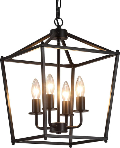 UL Listed Black Industrial 4 Light Lantern Chandelier Ceiling Light Fixtures Farmhouse Metal Cage Rustic Geometric Pendant Light for Kitchen Island Entryway Dining Room Stairs and Hallway-2