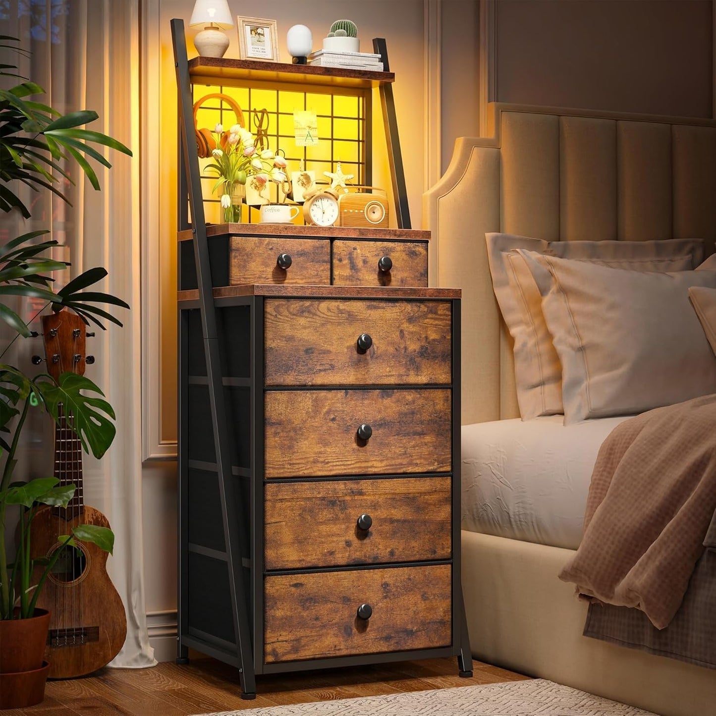 Vertical Dresser for Bedroom 6-Drawer LED Dressers & Chest of Drawers Sturdy Bedroom Dressers with Grid for Living Room,Closet,Entryway,Dorm,Rustic Brown-0