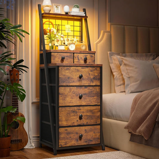 Vertical Dresser for Bedroom 6-Drawer LED Dressers & Chest of Drawers Sturdy Bedroom Dressers with Grid for Living Room,Closet,Entryway,Dorm,Rustic Brown-0