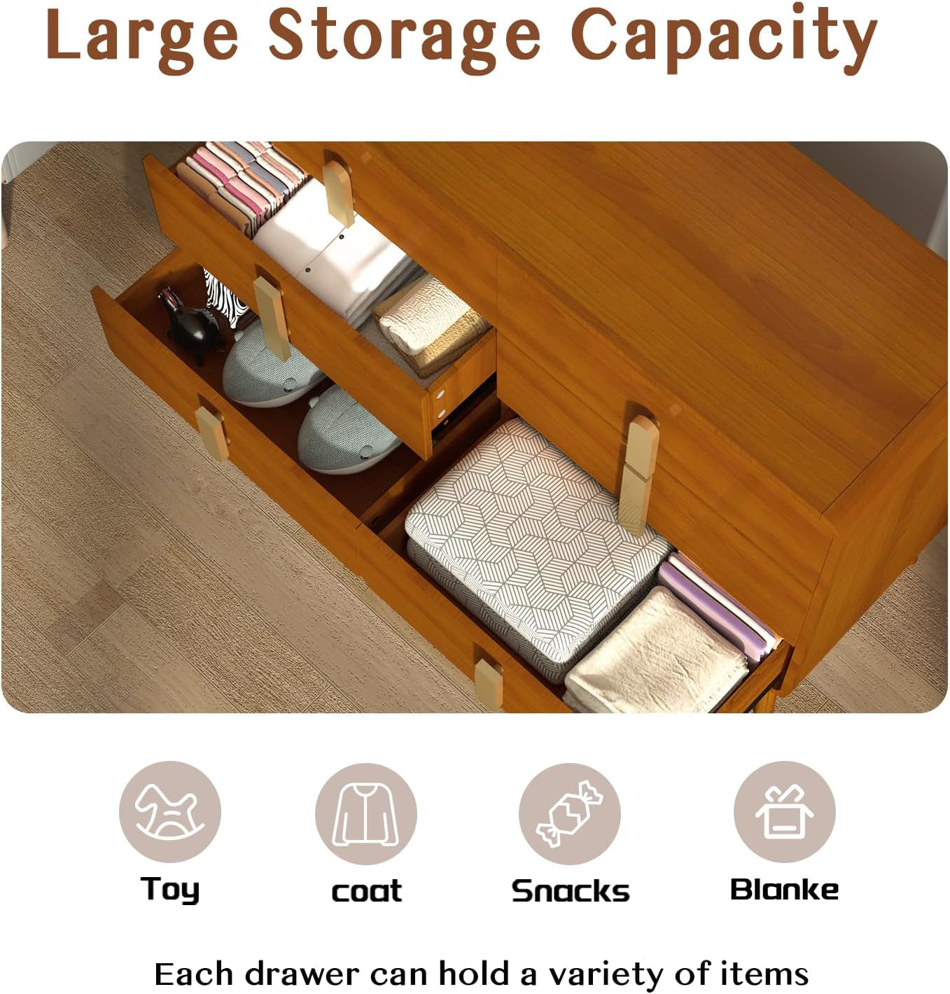 6 Drawer Dresser, Mid Century Modern Dresser with Storage, Wide Chest of Drawers, Dresser TV Stand with Metal Handles,Large Wood Drawer Organizer for Bedroom,Living Room,Hallway,Cherry-4