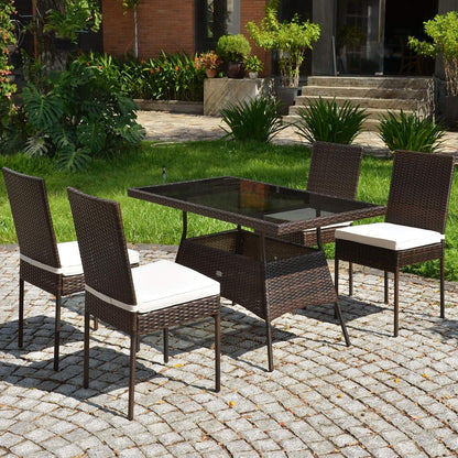 5 Piece Patio Wicker Dining Set, Outdoor Rattan Table and Chairs with W/Tempered Glass Table Top & Padded Cushions, Wicker Patio Conversation Furniture Set for Balcony Patio Garden Poolside-3
