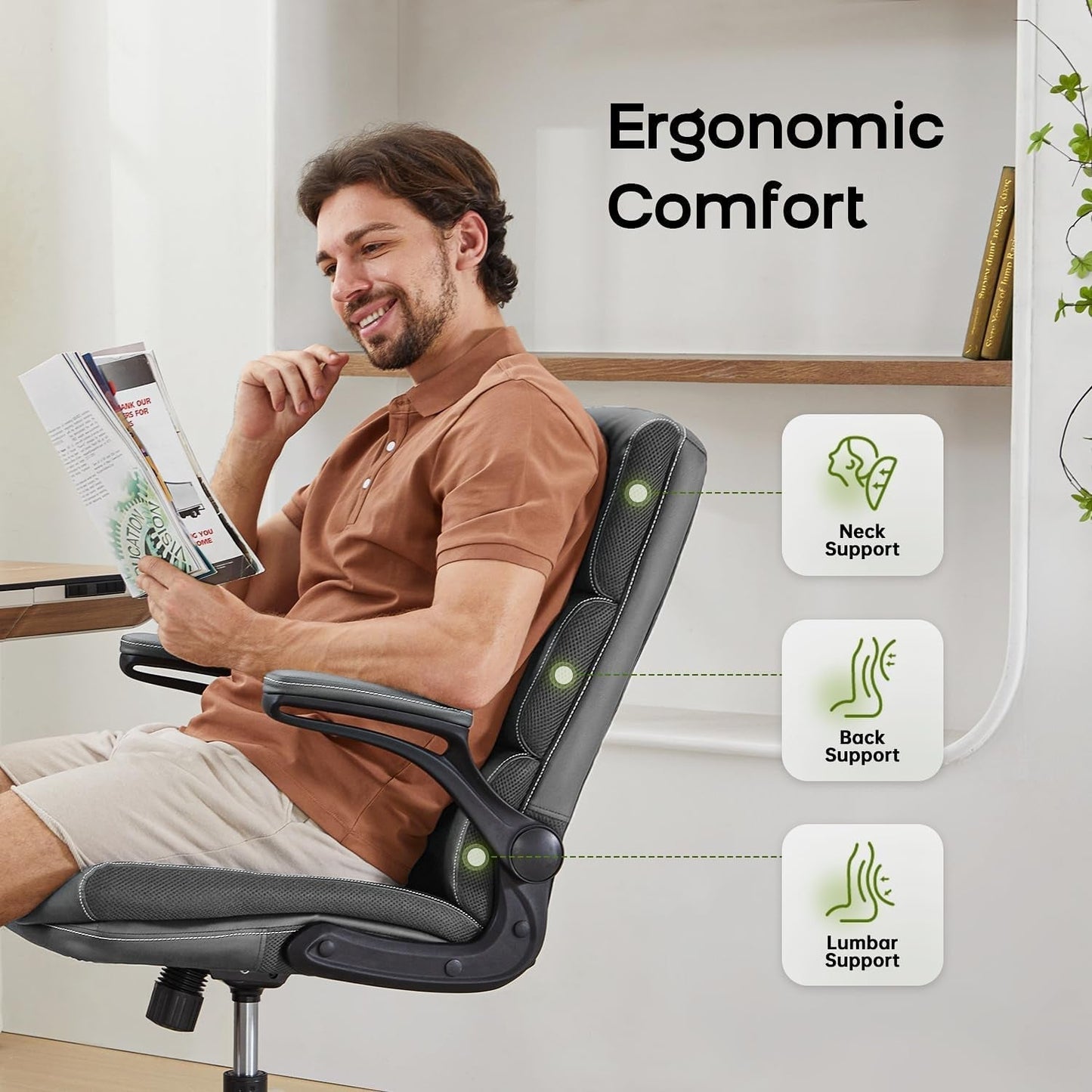 Office Chair Adjustable Desk Chair Mid Back Executive Comfortable Bonded Leather Ergonomic Back Support Home Computer Chair with Padded Flip-Up Armrest Swivel Wheels (Gray)-2