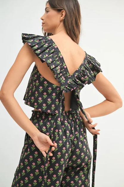 MABLE Floral Print Ruffle Top and Pants Set