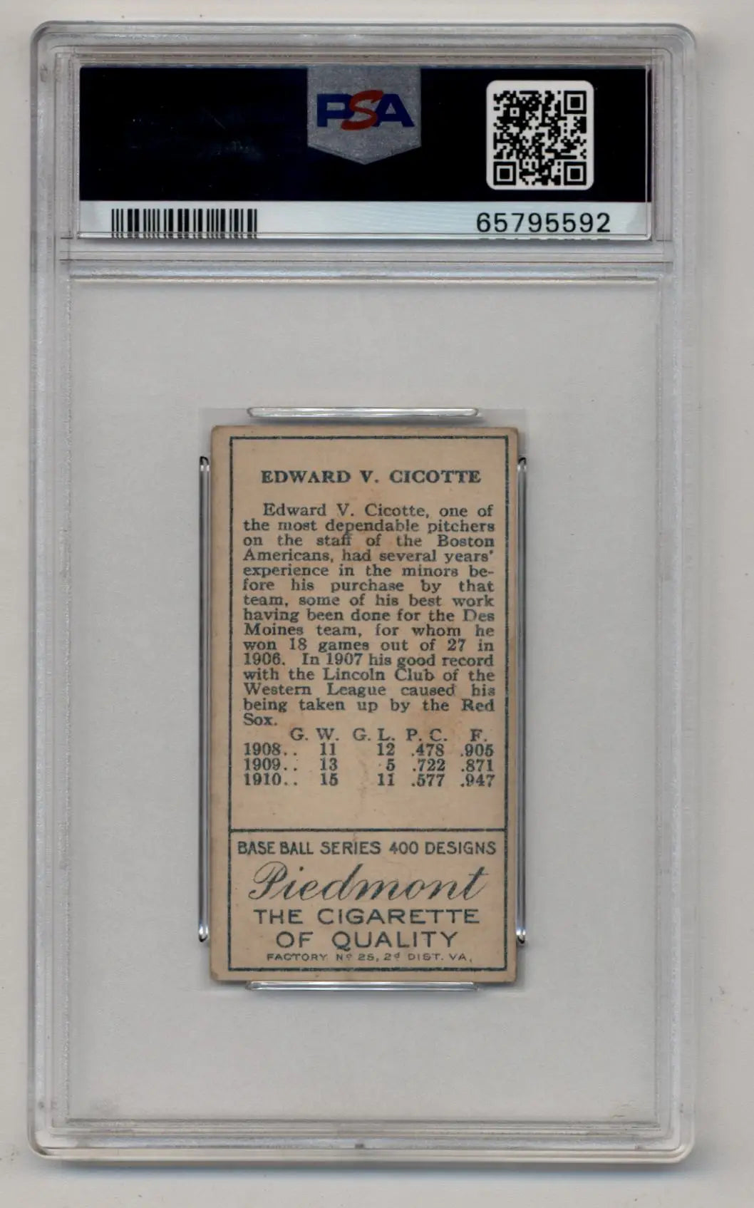 Vintage Ed Cicotte T205 Gold Border PSA 2 Good baseball card in grading holder