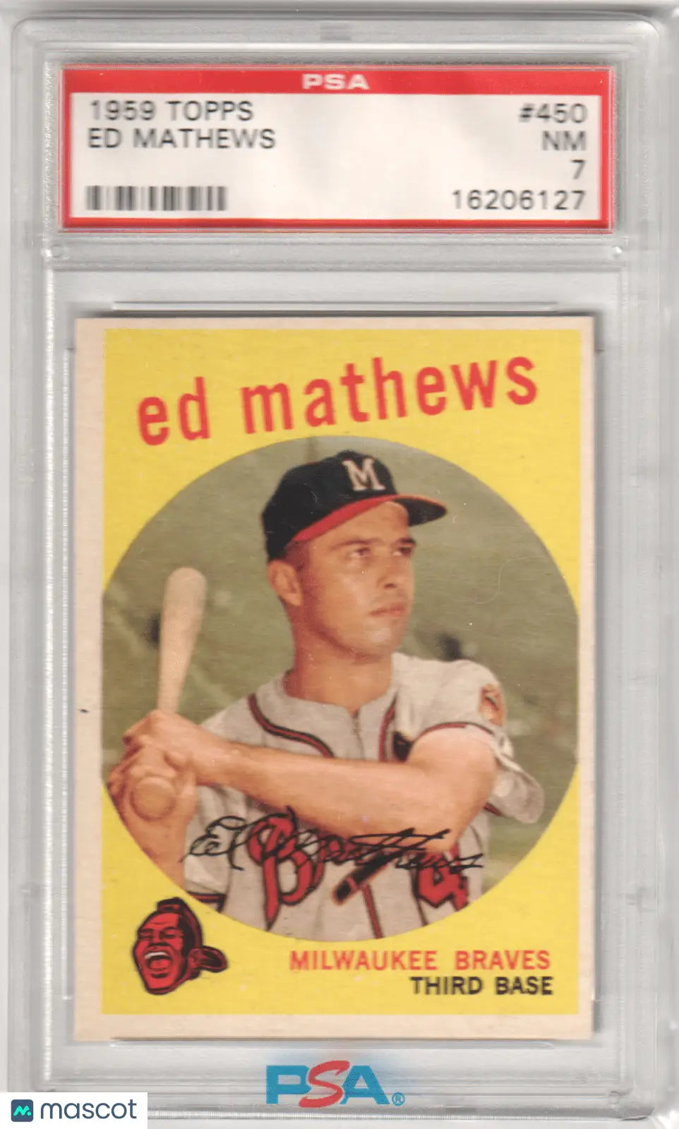 Graded 1959 Topps Ed Mathews baseball card from Columbia Hobby, PSA 7 NM