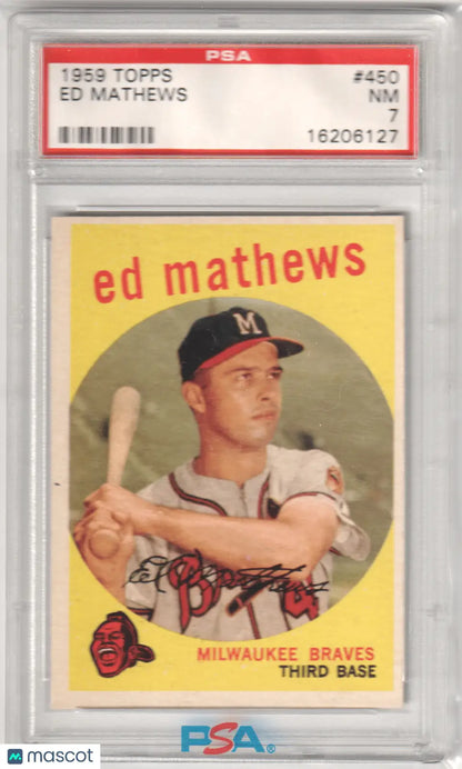Graded 1959 Topps Ed Mathews baseball card from Columbia Hobby, PSA 7 NM