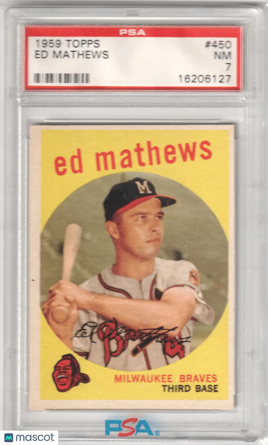 Graded 1959 Topps Ed Mathews baseball card from Columbia Hobby, PSA 7 NM