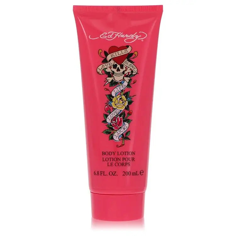 Pink Ed Hardy by Christian Audigier body lotion with skull and roses design, fruity floral scent