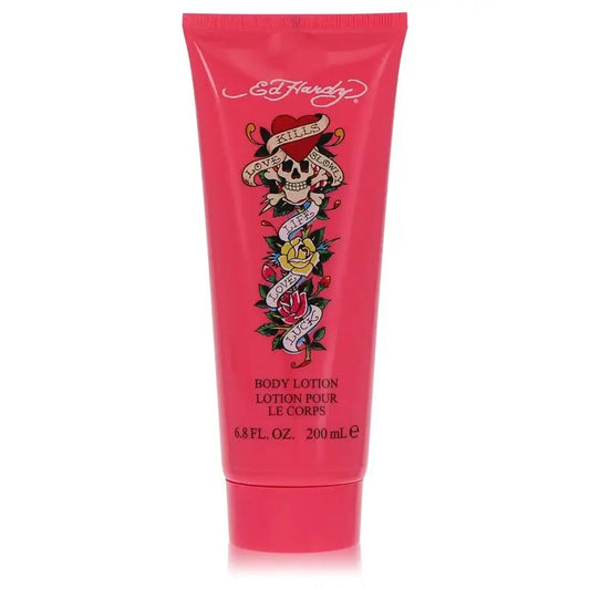 Pink Ed Hardy by Christian Audigier body lotion with skull and roses design, fruity floral scent