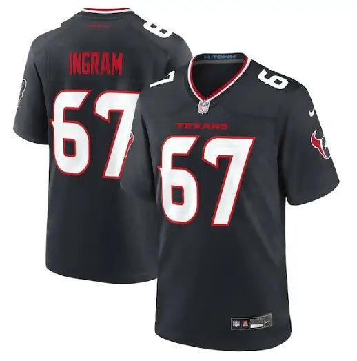 Dark gray Ed Ingram Houston Texans Nike jersey with red and white numbers and team name