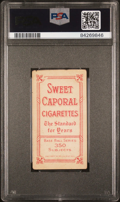 PSA-graded Ed Konetchy 1909-11 T206 Sweet Caporal cigarette card with pink text