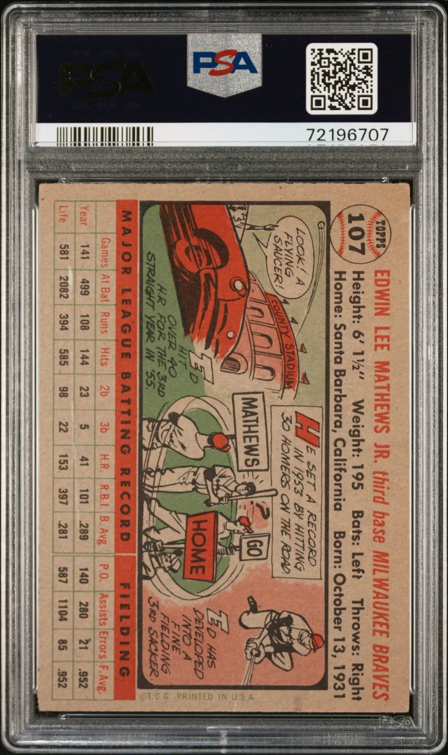 Vintage Ed Mathews 1956 Topps baseball card featuring comic-style art, ideal for trading cards