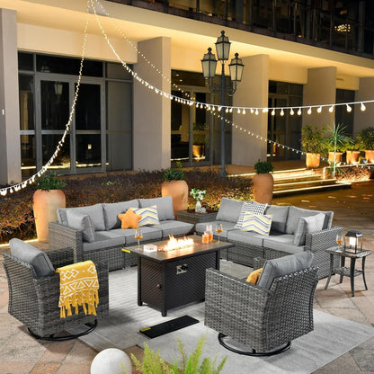 11 Piece Outdoor Patio Furniture Set with Fire Pit Table,Conversation Sectional Wicker Couch with Swivel Chairs,Modern outside Sofa for Balcony Backyard (Dark Grey)-0