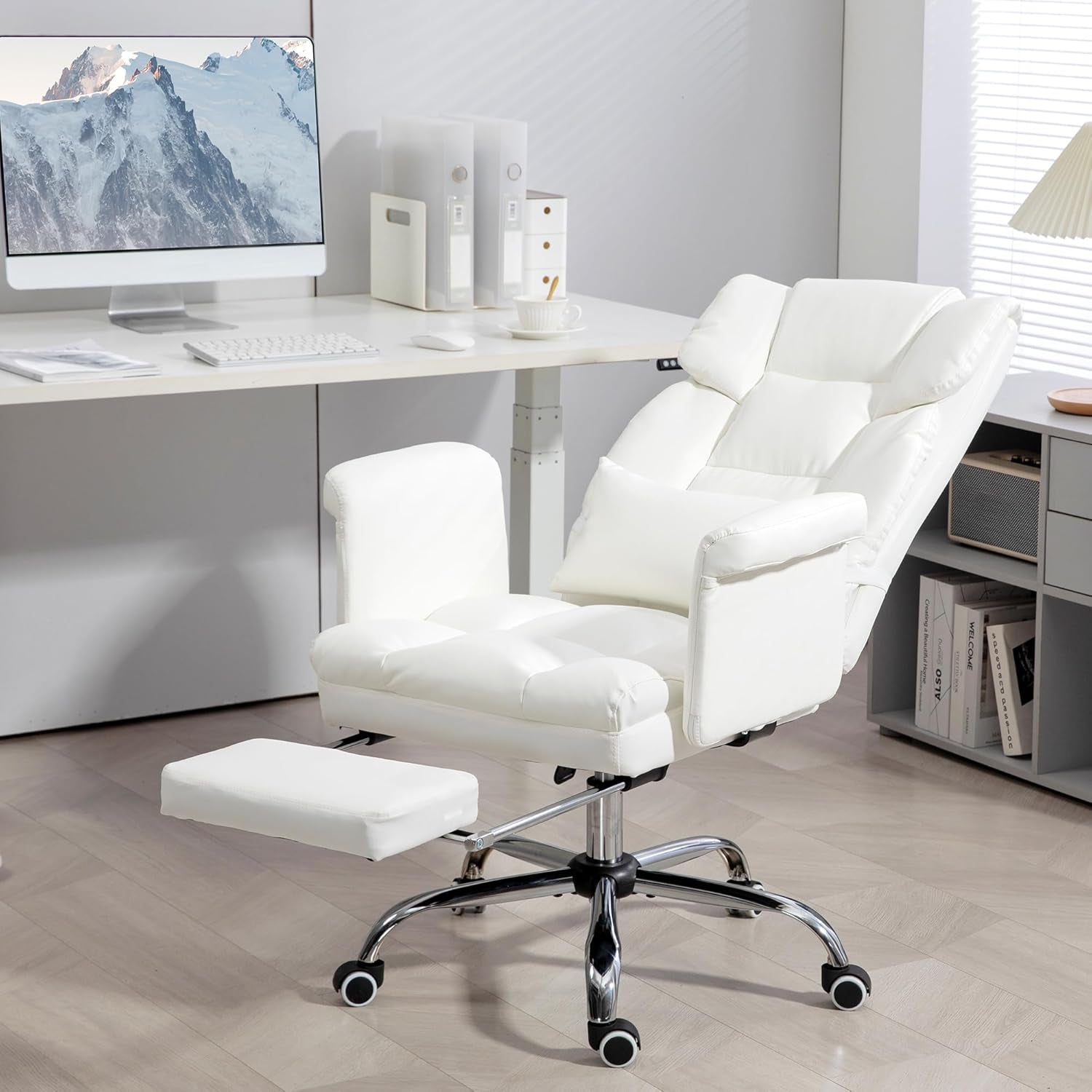 Executive Office Chair with Footrest and Lumbar Support, PU Leather Ergonomic Office Desk Chair, Reclining and Swivel Chair, White-1