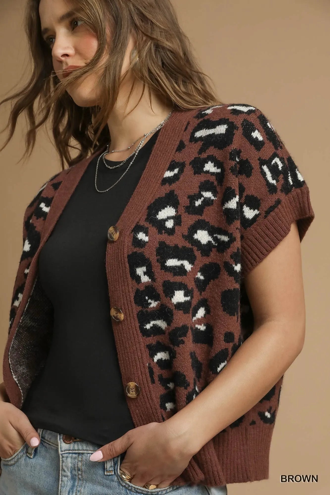 Umgee Leopard Button Down Short Sleeve Cardigan