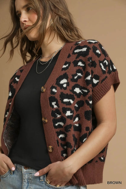 Umgee Leopard Button Down Short Sleeve Cardigan