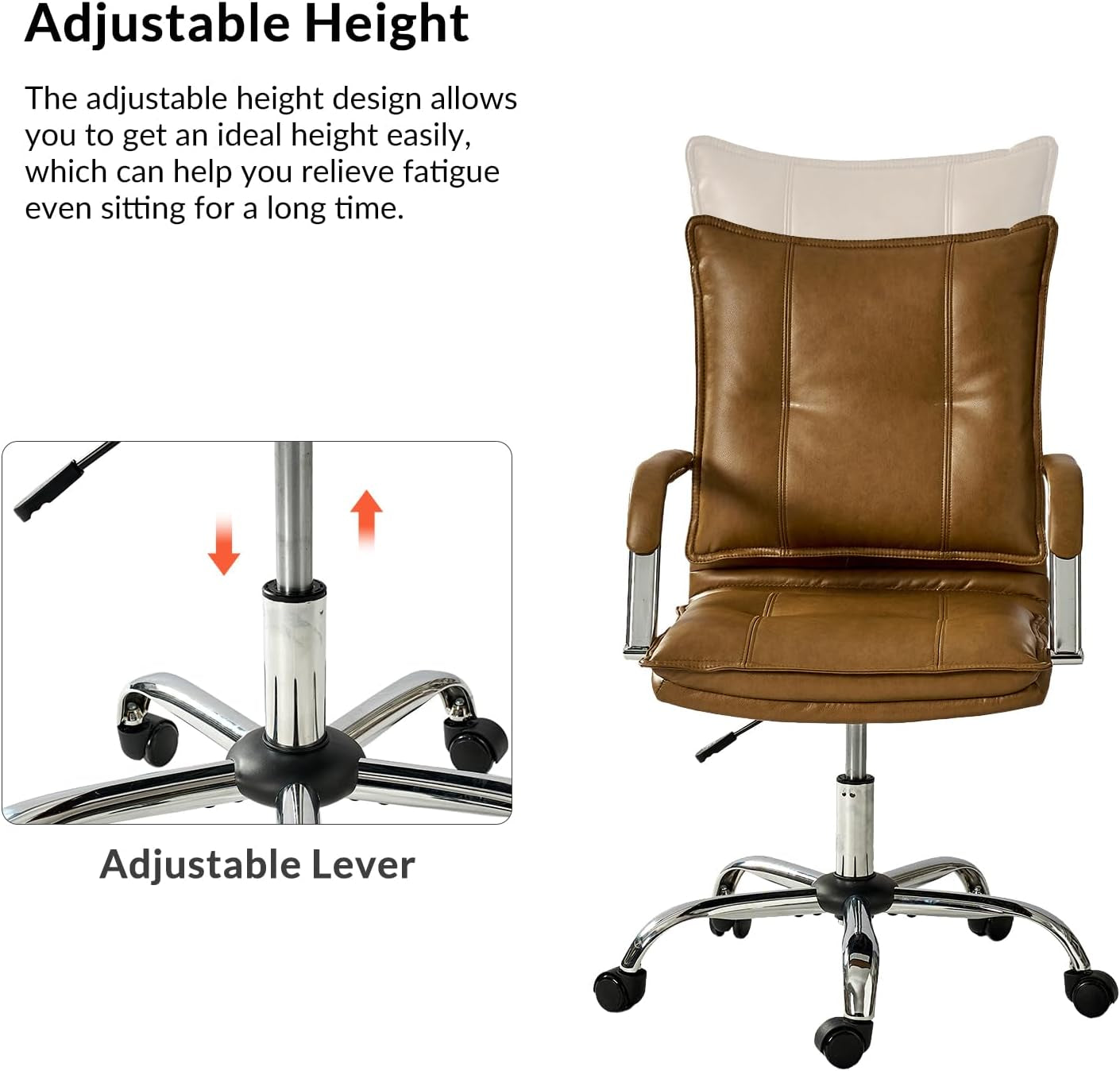 Faux Leather Home Office Desk Chair, Adjustable Swivel Computer Chair with Sliver Legs and Arms, Comfy Upholstered Task Chair(Camel)-4