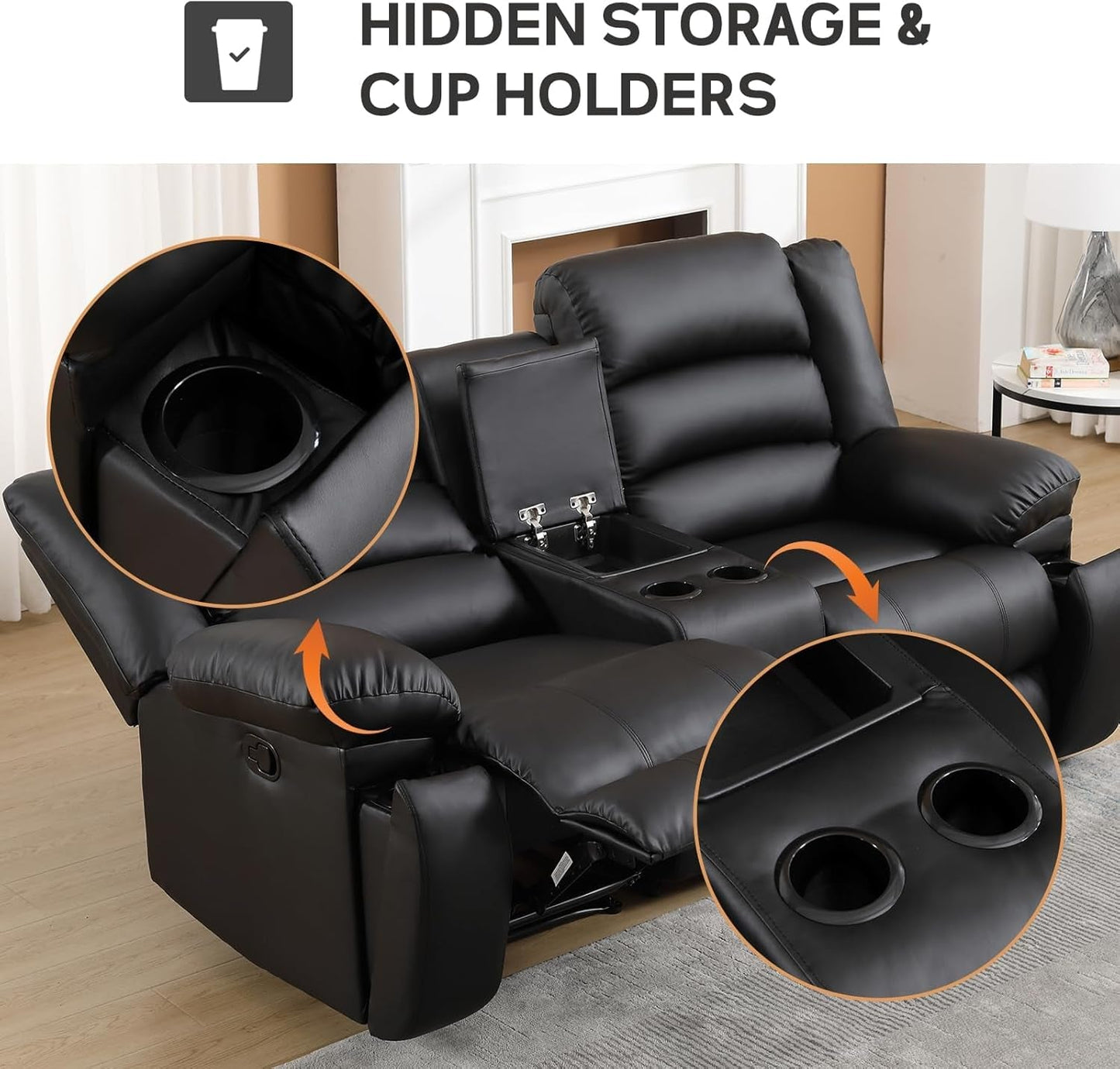 Faux Leather Manual Recliner Sofa Set, Loveseat Reclining Sofa and 3 Seat Recliner Sofa, Couch Set for Living Room, Bedroom, Meeting Room, Black(Loveseat+Sofa)-4